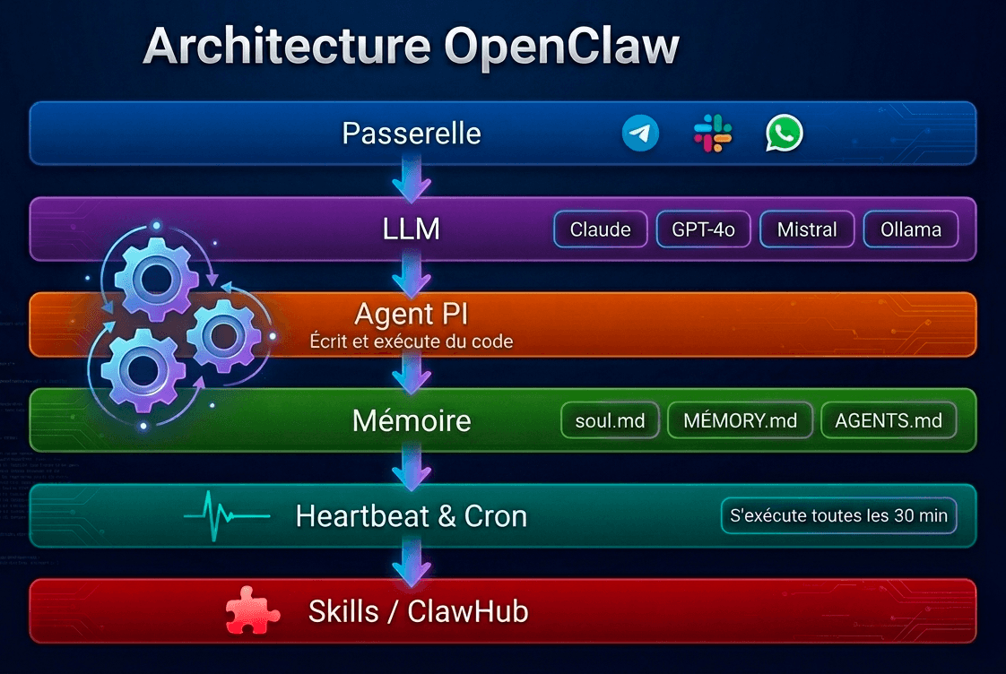 Schéma de l'architecture OpenClaw montrant les 6 couches : Gateway, LLM, PI Agent, mémoire soul.md, Heartbeat cron, et Skills marketplace ClawHub