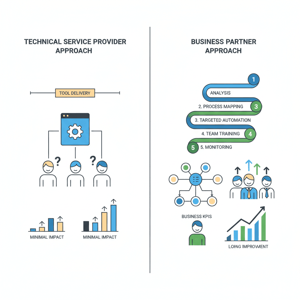 Schéma comparant l'approche prestataire technique (livraison d'outil unique sans accompagnement) versus l'approche partenaire business (analyse, cartographie process, automatisation ciblée, formation équipes, suivi dans le temps) avec timeline et impact business mesuré