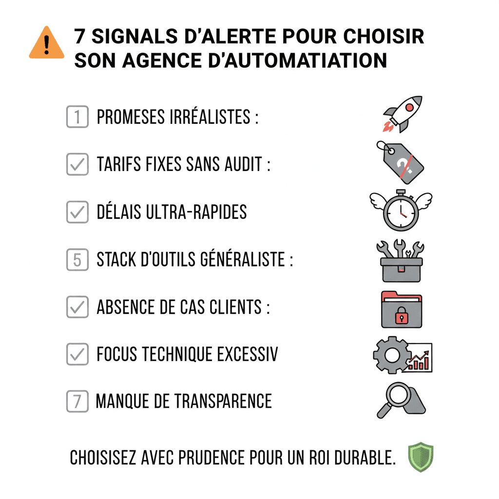 Checklist visuelle des red flags à détecter lors du choix d'une agence d'automatisation : promesses irréalistes, tarifs fixes sans audit, livraison ultra-rapide, stack d'outils généraliste, absence de cas clients vérifiables, focus tech sans business, refus de transparence méthodologique