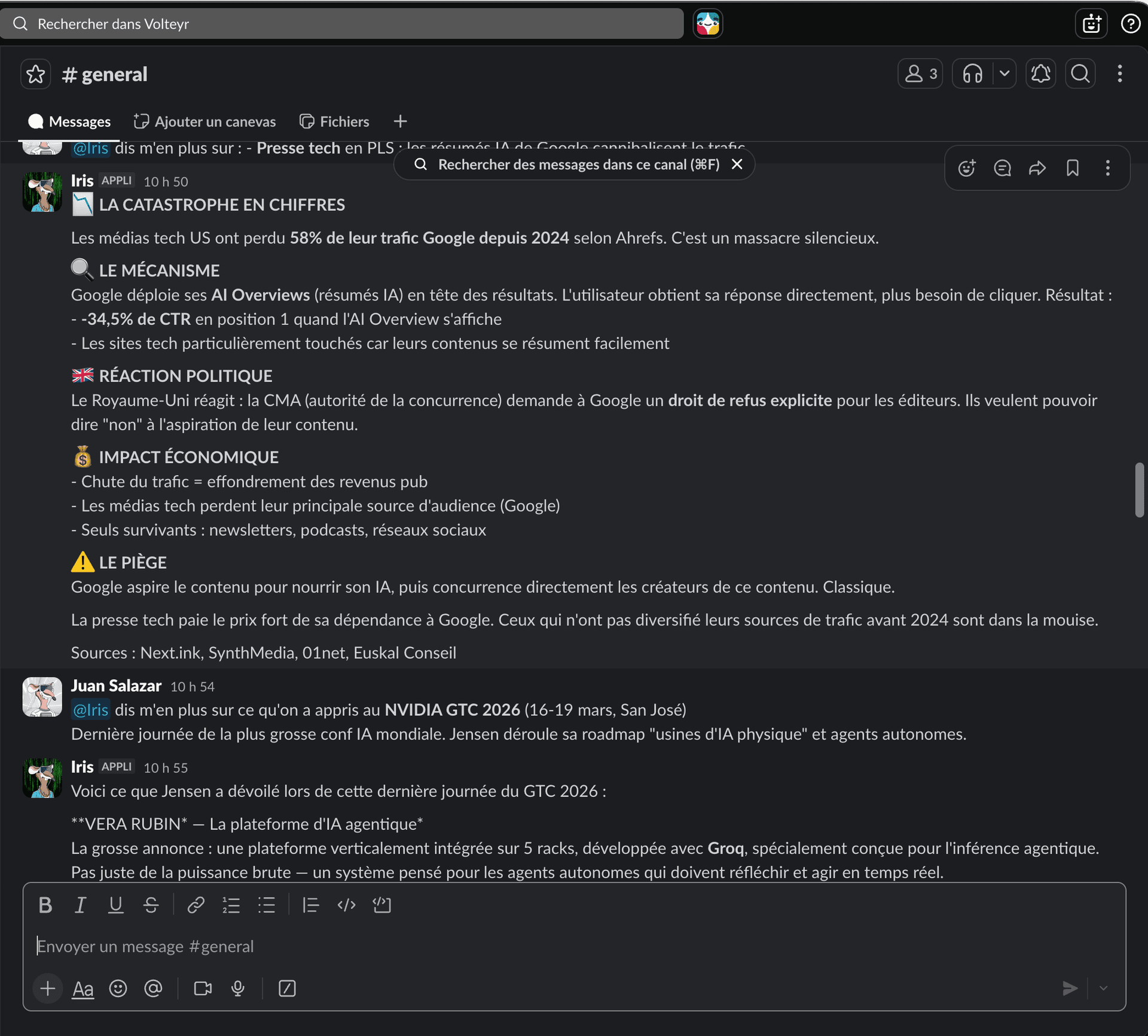 Interface Slack montrant un agent IA Volteyr répondant avec une personnalité distincte, utilisant des réactions custom et un ton reconnaissable