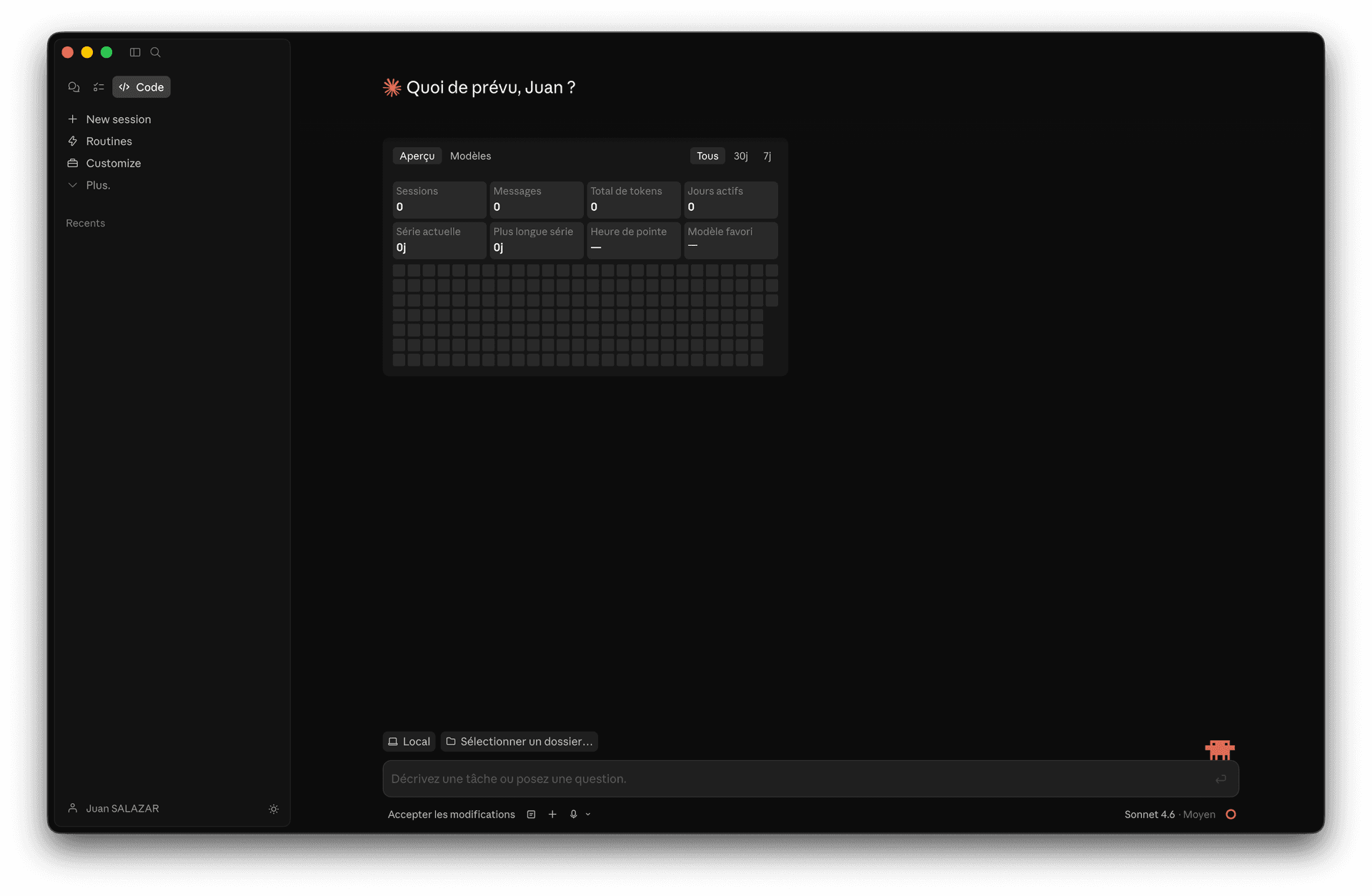 Capture de l'interface native Claude Code dans l'app desktop Claude 2026, onglet Code ouvert avec une session active et le panneau de résultats visible, sans terminal ni ligne de commande
