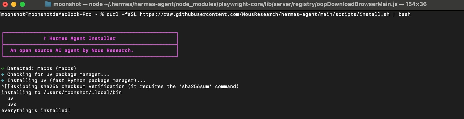 Capture d'écran du terminal montrant l'agent IA Hermès en cours d'installation via la commande curl, avec le wizard de configuration du modèle LLM et la connexion Telegram réussie
