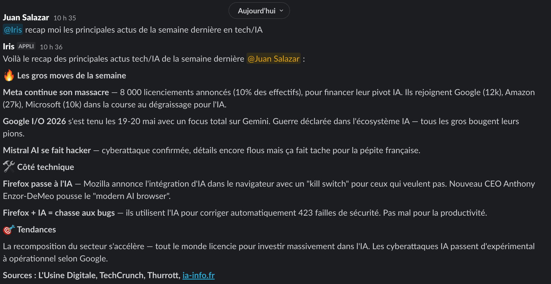 Exemple d'agent IA Volteyr dans Slack : résumé automatique d'appel commercial extrait via Fireflies, actions identifiées et draft de réponse CRM généré sans intervention humaine