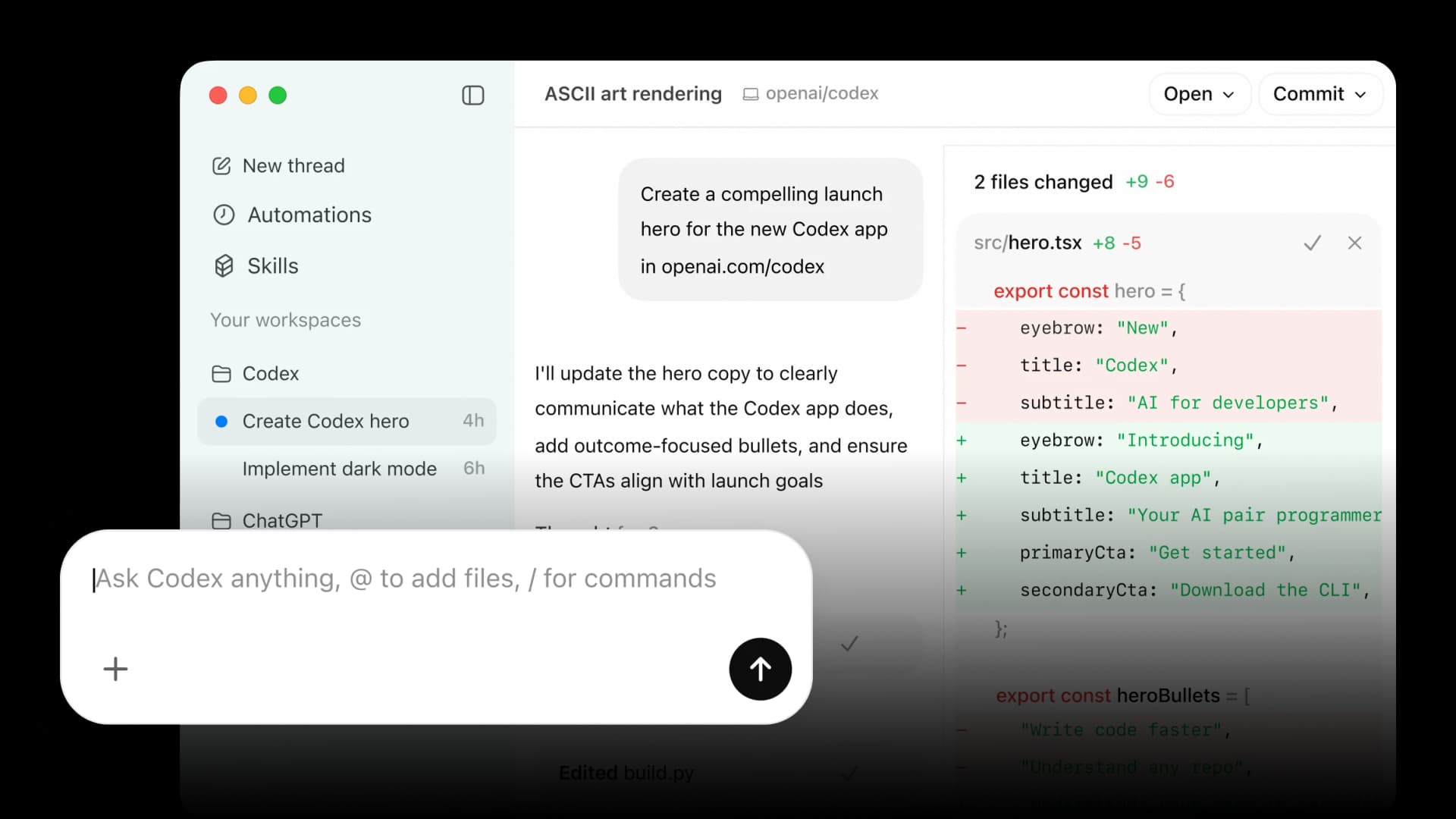 Interface de l'agent OpenAI Codex dans ChatGPT montrant une tâche de code en cours d'exécution avec le log terminal visible, illustrant le mode agent autonome vs conversation classique