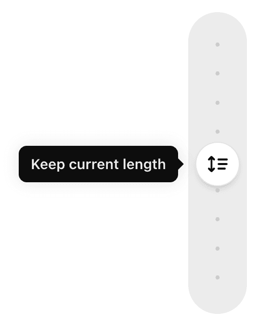 Raccourci 'Keep current length' de Canvas ChatGPT avec le curseur d'ajustement de longueur affiché sur la droite, permettant de raccourcir ou allonger le document en faisant glisser le sélecteur