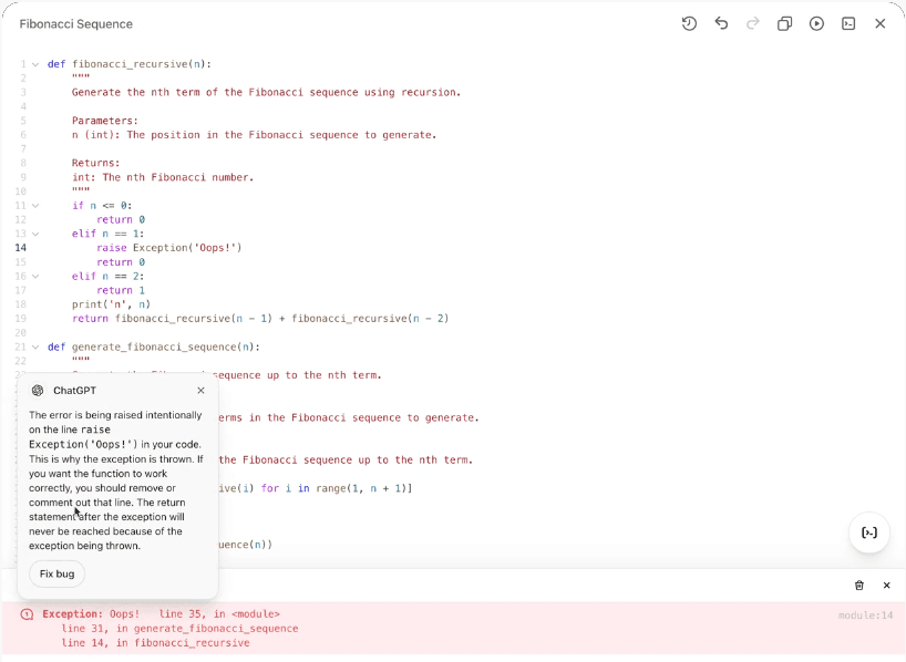 Canvas ChatGPT affichant un script Python de suite de Fibonacci avec une erreur d'exception détectée à la ligne 14, une bulle ChatGPT expliquant la cause de l'erreur et un bouton 'Fix bug' pour corriger automatiquement le code