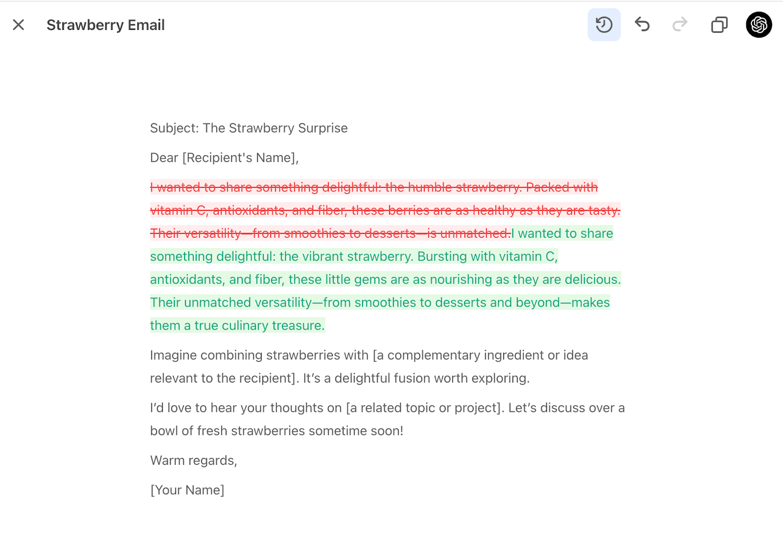 Canvas ChatGPT affichant la vue 'Afficher les modifications' d'un email avec le texte supprimé barré en rouge et le nouveau texte ajouté surligné en vert, illustrant le système de diff entre deux versions du document