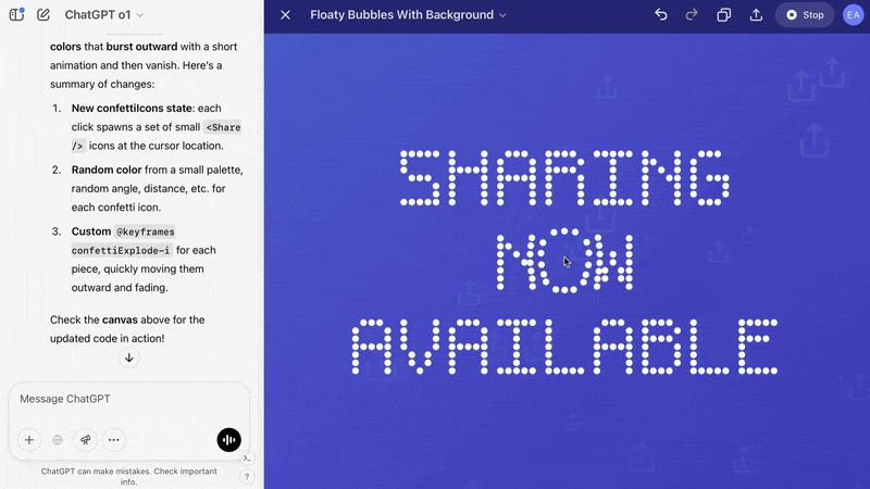 Canvas ChatGPT affichant le rendu React en direct d'une animation de bulles avec le texte 'SHARING NOW AVAILABLE' sur fond bleu, avec le panneau de conversation ChatGPT visible à gauche listant les modifications de code appliquées