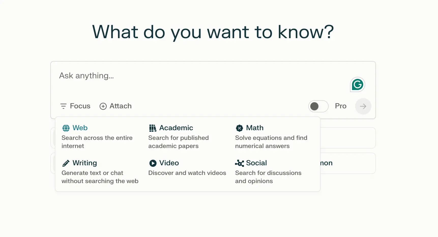 Capture d'écran des modes de focus Perplexity (Web, Academic, YouTube, Reddit) avec sélection active du mode Academic pour une recherche professionnelle