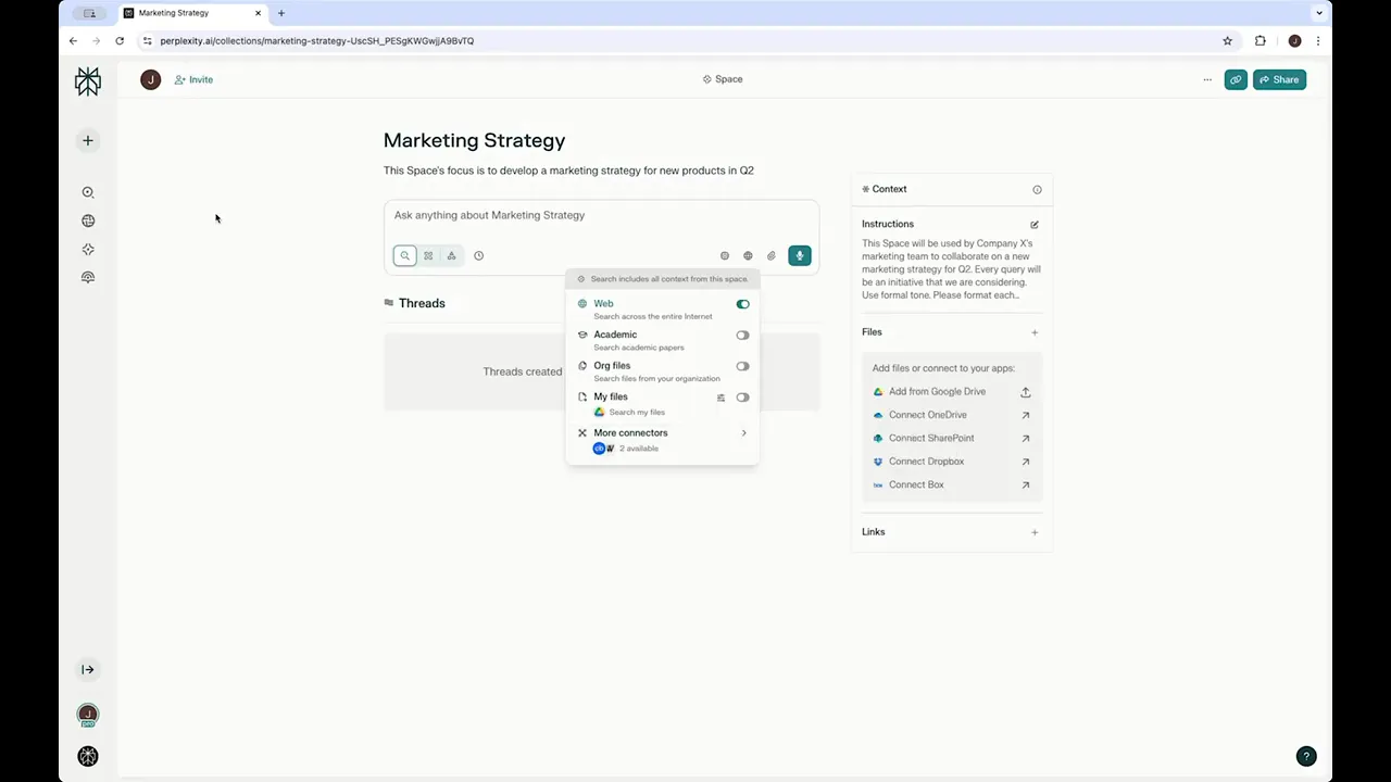 Interface Perplexity Spaces montrant un espace collaboratif avec documents uploadés, instructions personnalisées et historique de recherches partagé entre membres d'une équipe